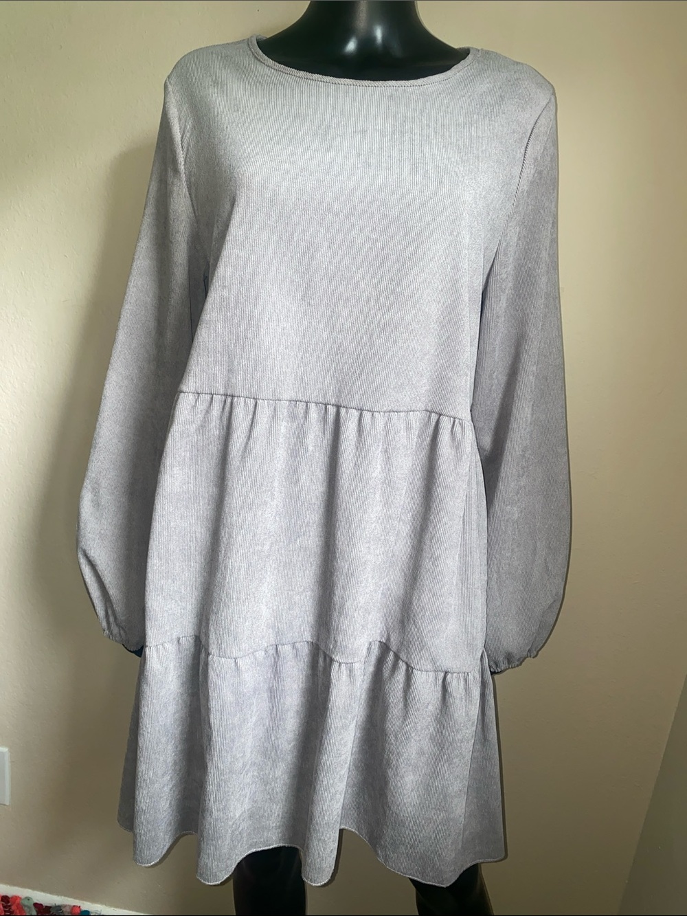 SHEIN Soft Light Gray Tiered Long Sleeve Corduroy Dress